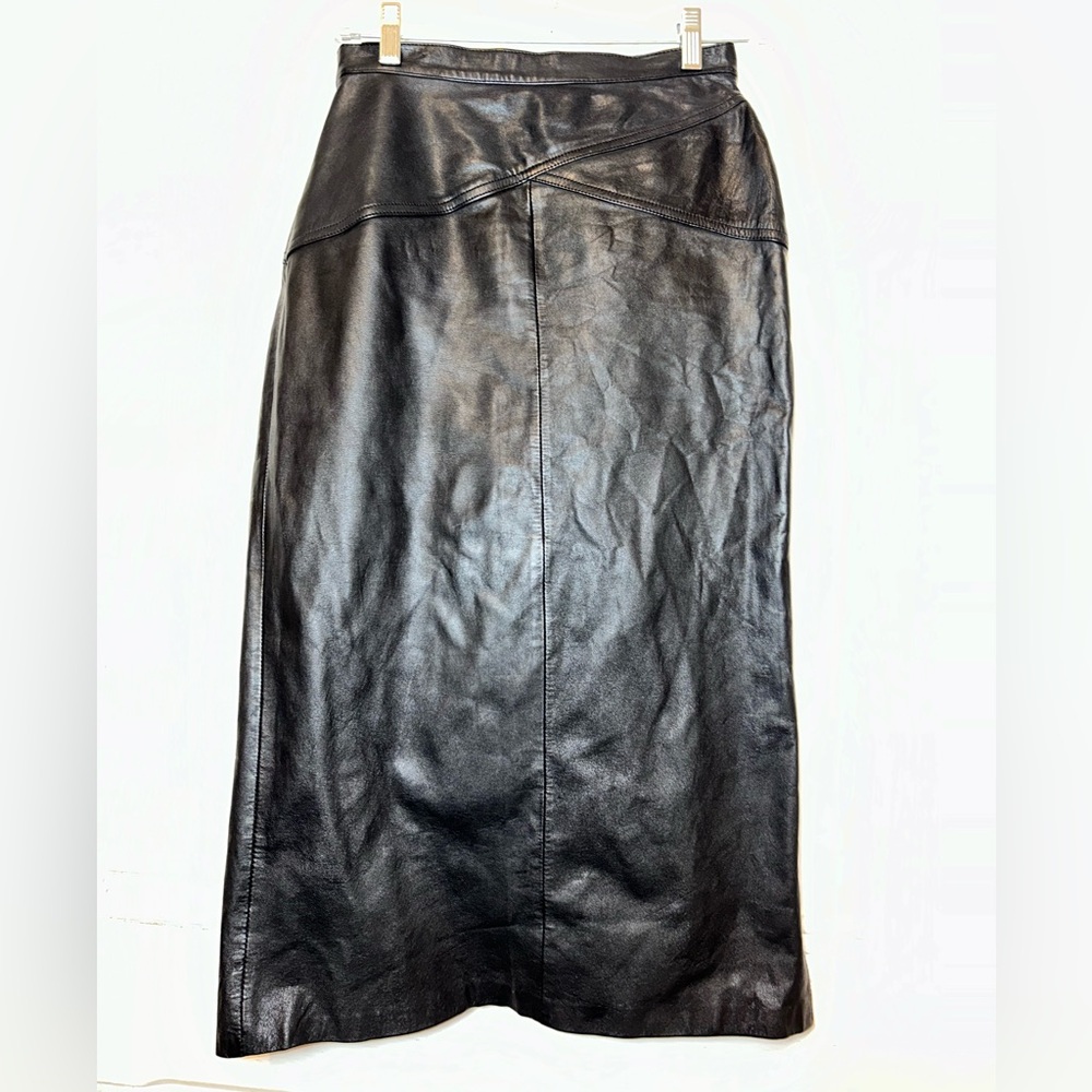 Vintage Laurice Black Leather Midi Side Slit Lined Skirt